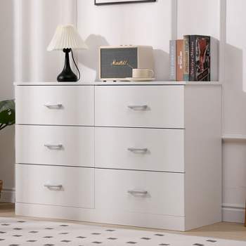 SKONYON 6 Drawer Dresser with Metal Handles for Bedroom Wide Storage Space Furniture Organizer White