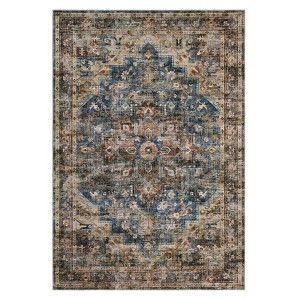 Vintage Distressed Area Rug, Large Machine Washable Rug for Living & Bedroom, Non-Slip,Stain Resistant Oriental Medallion Floor Carpet,Blue-Brown - 1 of 4