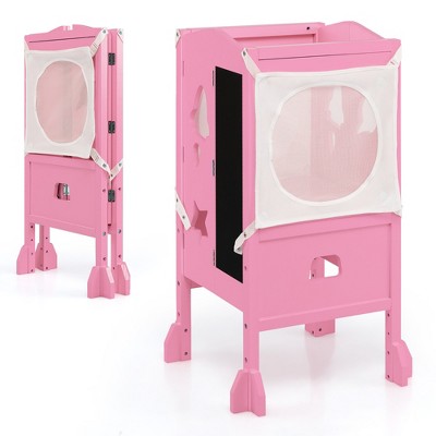 Costway Folding Wooden Kids Kitchen Step Stool with Adjustable Height & Safety Netting