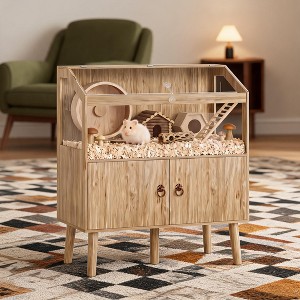 Hamster Cage, Wooden Small Pet House with Storage Cabinet, Acrylic ...
