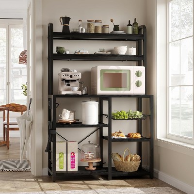 Bakers Rack with Power Outlet, Kitchen Microwave Stand with Storage Shelves, Large Coffee Bar Station, Metal Frame