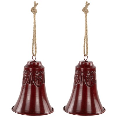 Burgundy Embossed Metal Christmas Bell Ornaments with Jute Rope - Set of 2