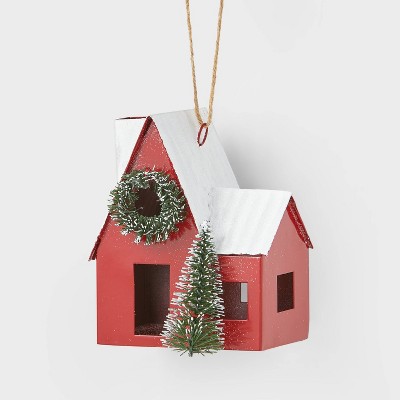 Metal Cabin with Tree and Wreath Christmas Tree Ornament Red - Wondershop™