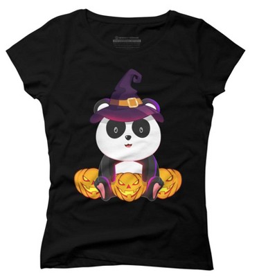Junior's Design By Humans Cute Panda Mock up Witch With Jack O Lantern Halloween T-Shirt By thebeardstudio T-Shirt