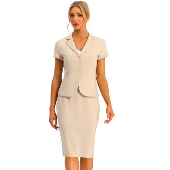 Allegra K Women's 2 Piece Business Casual Long Sleeve Blazer and Pencil  Skirt Suit Set Khaki X-Small