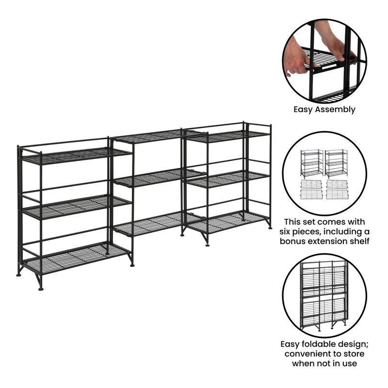 Breighton Home 32.5&#34; Extra Storage 3 Tier Wide Folding Metal Shelves with Set of 3 Extension Shelves Black, 4 of 9