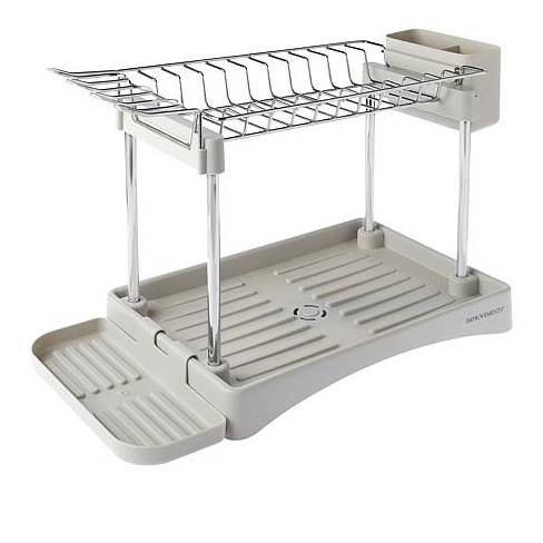 IRIS 2 Tier Stainless Steel Dish Drying Rack with Plastic Drain Black