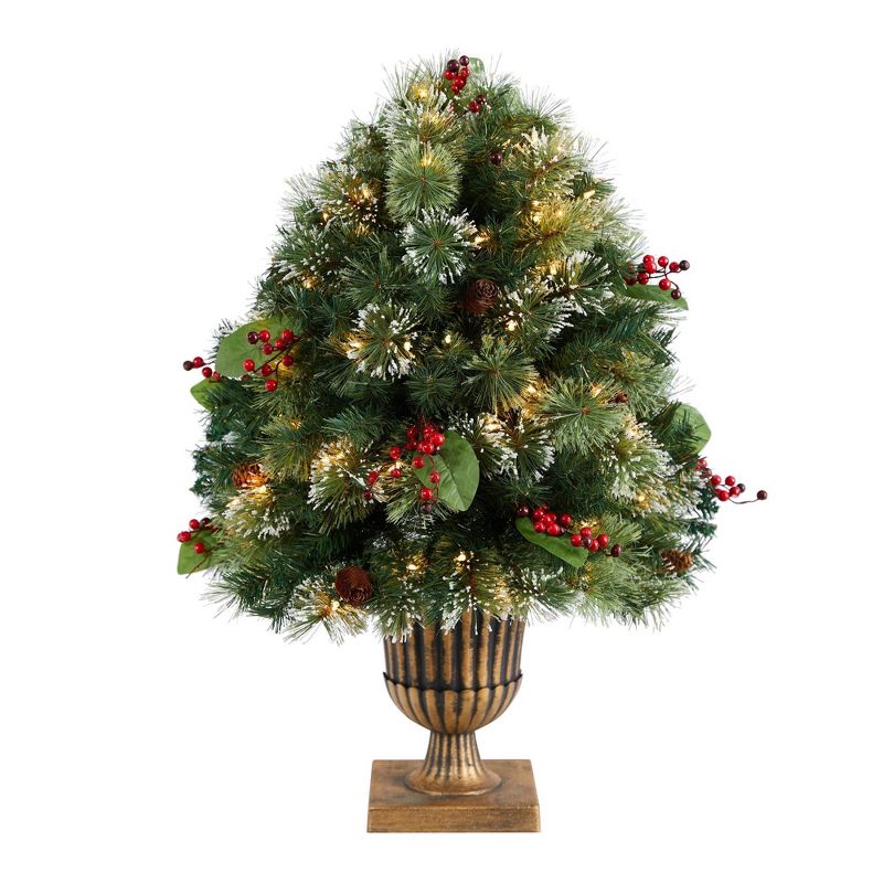 Nearly Natural 3-ft Holiday Pre-Lit Snow Tip Greenery, Berries and Pinecones Plant in Urn with 100 LED Lights, 1 of 9