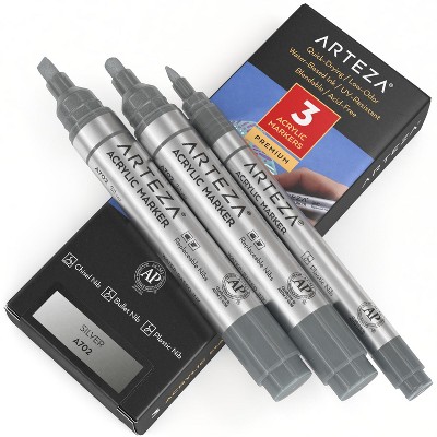 Arteza Acrylic Markers (A702 Silver), 2 Big Barrel (chisel+bullet nib) + 1 Small Barrel, Single Color - 3 Pack (ARTZ-362