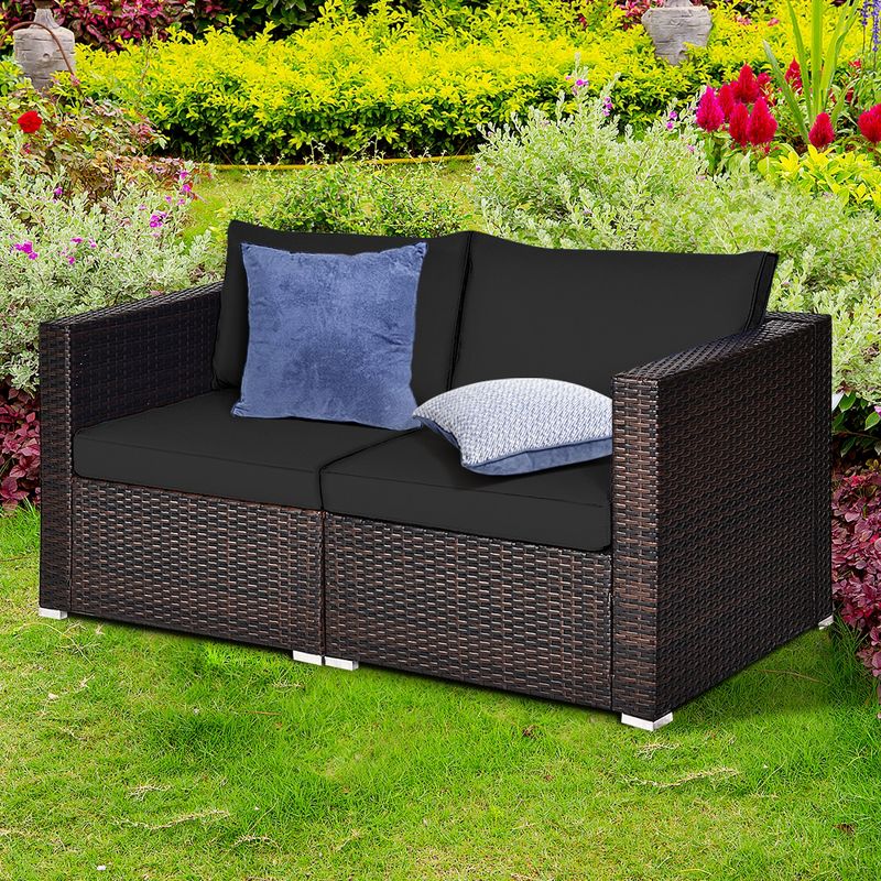 Tangkula 2PCS Rattan Corner Sofa Set Patio Outdoor Furniture Set w/ 4 Black Cushions, 2 of 11