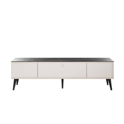 Haley 70.9" White and Black Marble TV Stand with Cabinet