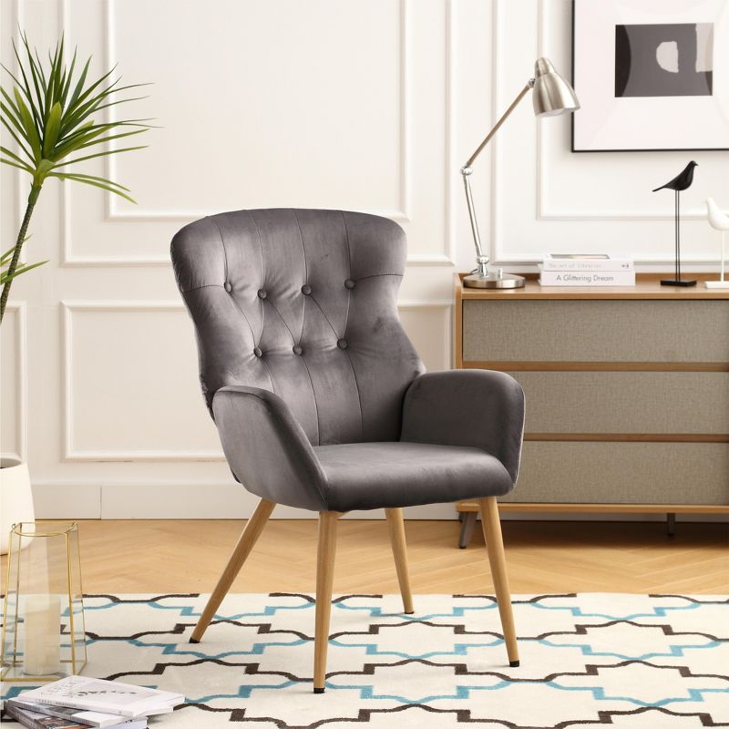 Modern Tufted Button Wing Back Accent Chair with Metal Legs - ModernLuxe, 1 of 7
