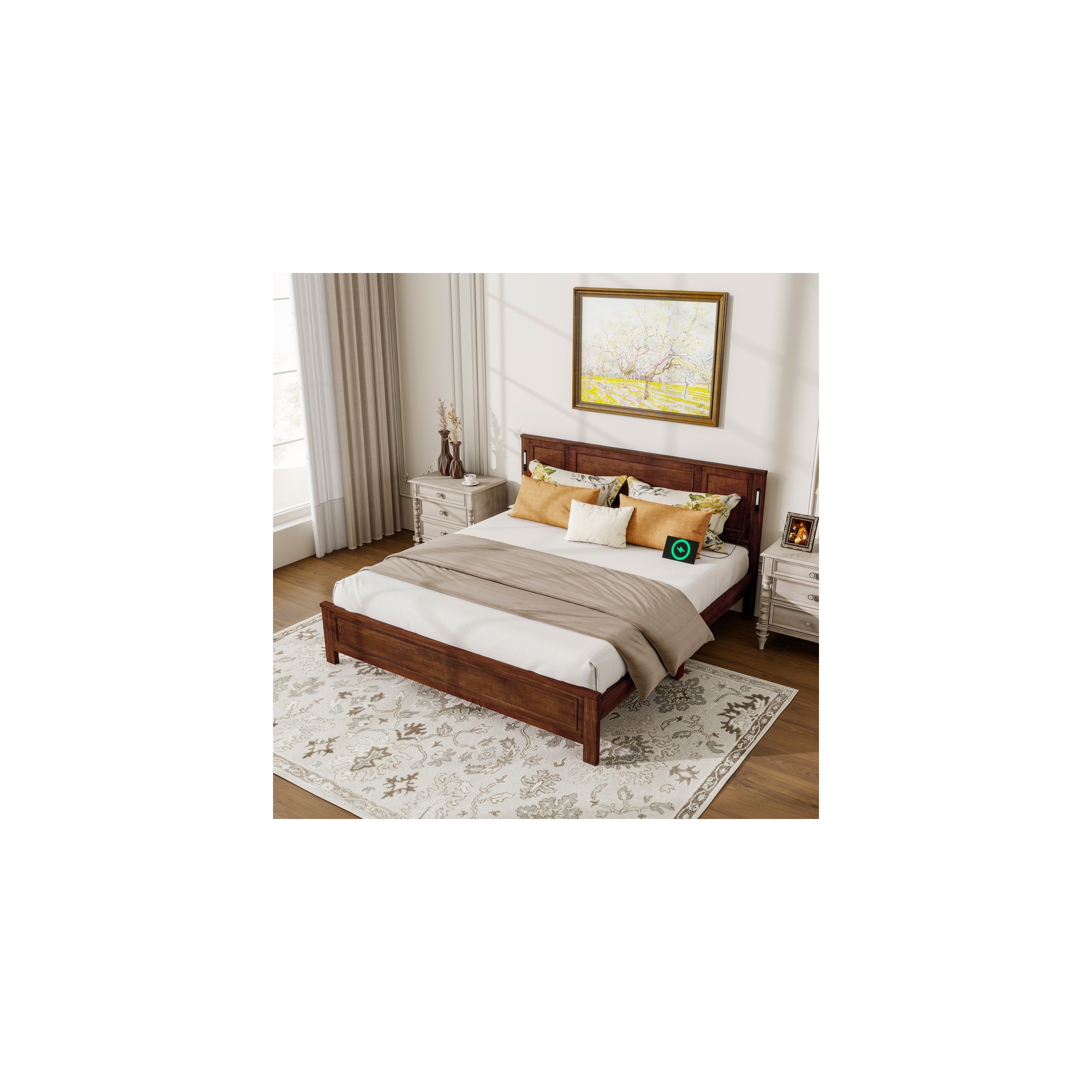 Whisen King Bed & Bed Frame with Tall-Panel Headboard & Footboard, Built-in LED Lights, USB Charging Station - Walnut