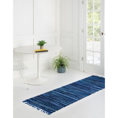 Handmade Navy Blue Stripe Indoor Runner Rug with Easy Care