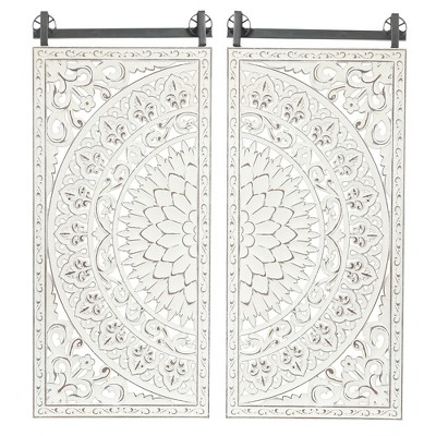 LuxenHome Set of 2 Distressed Ivory White Wood Flower Wall Decor Wall Art Off-White
