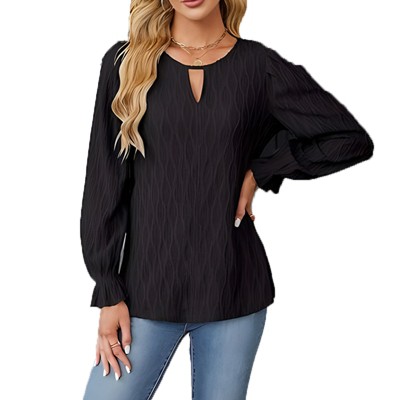 Womens Casual Floral Shirt Bell Long Sleeve Round Neck Hollow Front Cute Blouse Tops