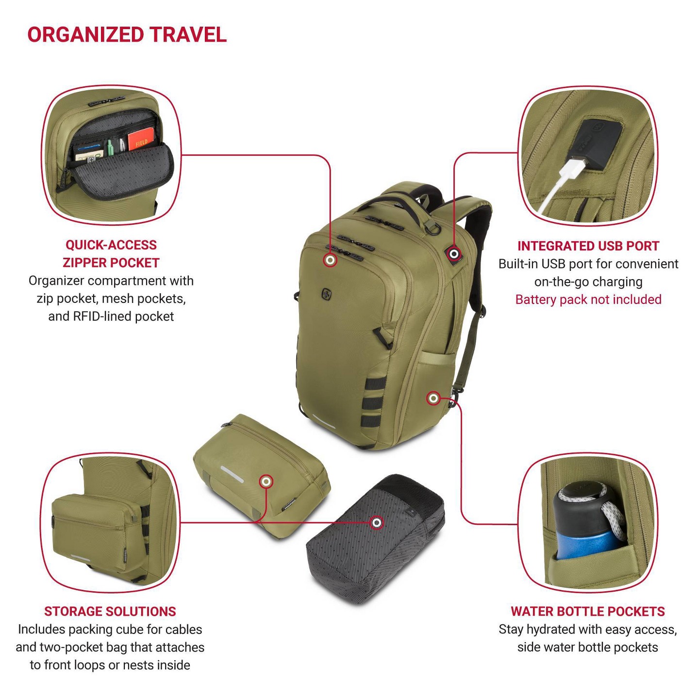 Рюкзак SWISSGEAR 45L Travel with Pockets Fits 17" Laptop - Olive Green, цвет: Оливковый — фото 4