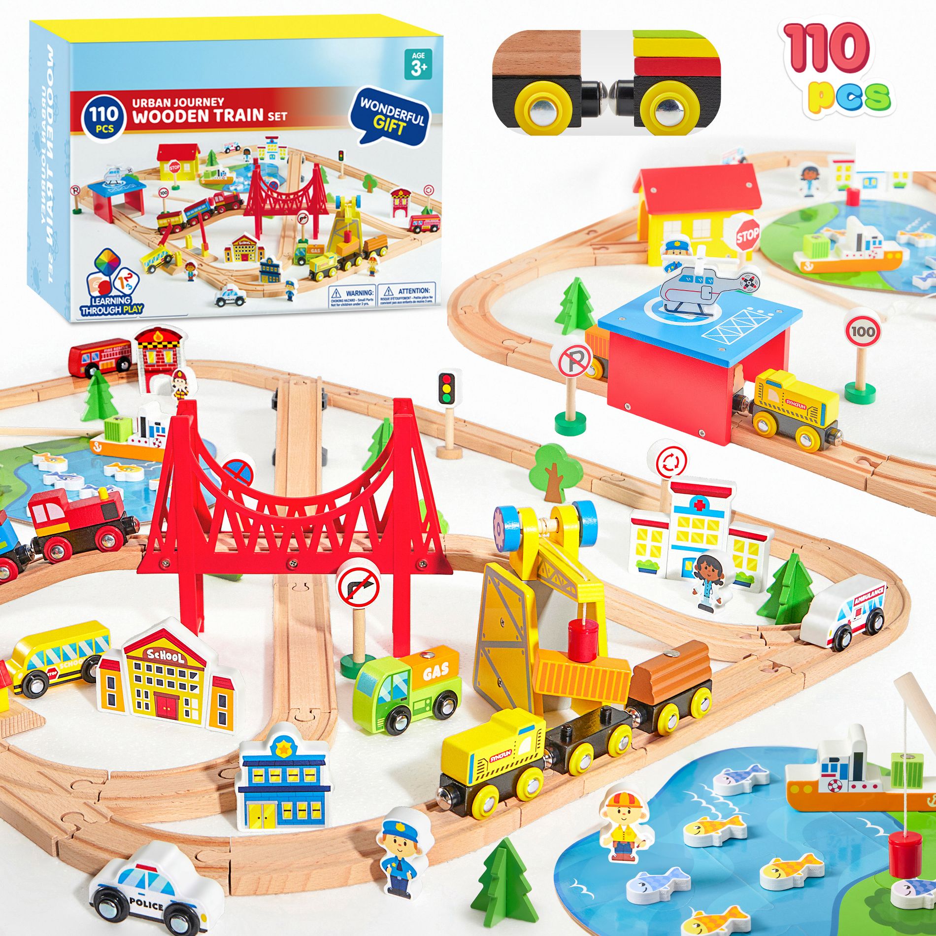 Joyfy 60/110PCS Wooden Toy Train Set for Kids Toddlers 2-8 Train Tracks Railway Playset Educational Construction Toy Boy Girl Birthday Christmas Gift