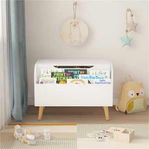 YONWAY 17.13"H Toy Box with Front Bookshelf, Flip-Top Lid, Safety Hinge, Toy Storage Organizer for Kids Room and Playroom (White + Solid Wood) - 1 of 4