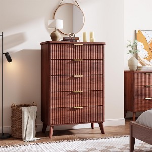 Fluted Dresser for Bedroom with 5 Deep Drawers, 47.2 in Tall Chest of Drawers with Faux Marble Top, Curved Profile Design, Modern Wooden Dresser - 1 of 4