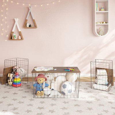 Brown Woodgrain and Black Metal Basket Storage Table Set