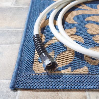 Blue and Natural Floral Motif Rectangular Outdoor Rug