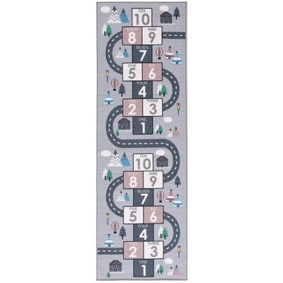 Grey and Pink Hopscotch Kids Washable Runner Rug