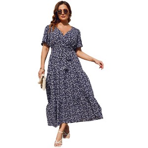 Coolmee Women Summer Maxi Dress Plus Size V Neck Wrap Floral Print Short Sleeves Ruffle Tiered Dress with Belt - 1 of 4