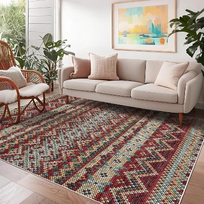 Boho Area Rugs for Living Room, Washable, Non-Slip Backing, Stain-Resistant, Soft Carpet for Bedroom, Nursery, Playroom.