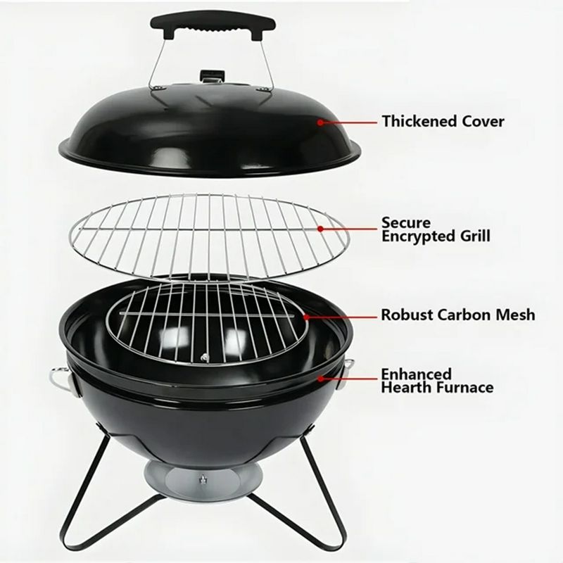 SKONYON 14 in. Steel BBQ Grill with Lid Portable Charcoal Grill, Black, 2 of 9