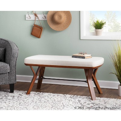 Mid-Century Modern White Wood Bench with Cushioned Seat