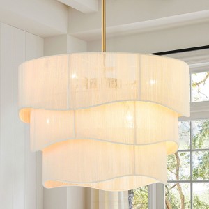 Rennnsan Oaklyn 27" W 6 -Light Woven Ratten Dimmable Bohemian Drum Shaded Chandelier in Gold - 1 of 4