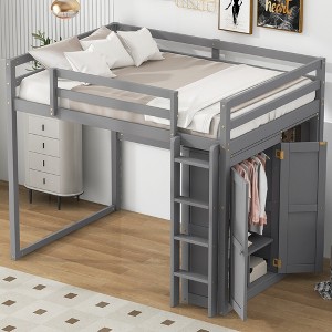 Whisen Wood Full Size Loft Bed with Built-in Wardrobe, Storage Shelves and Led light - 1 of 4