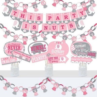 Big Dot of Happiness Pink Elephant - Banner and Photo Booth Decorations - Girl Baby Shower or Birthday Party Supplies Kit - Doterrific Bundle