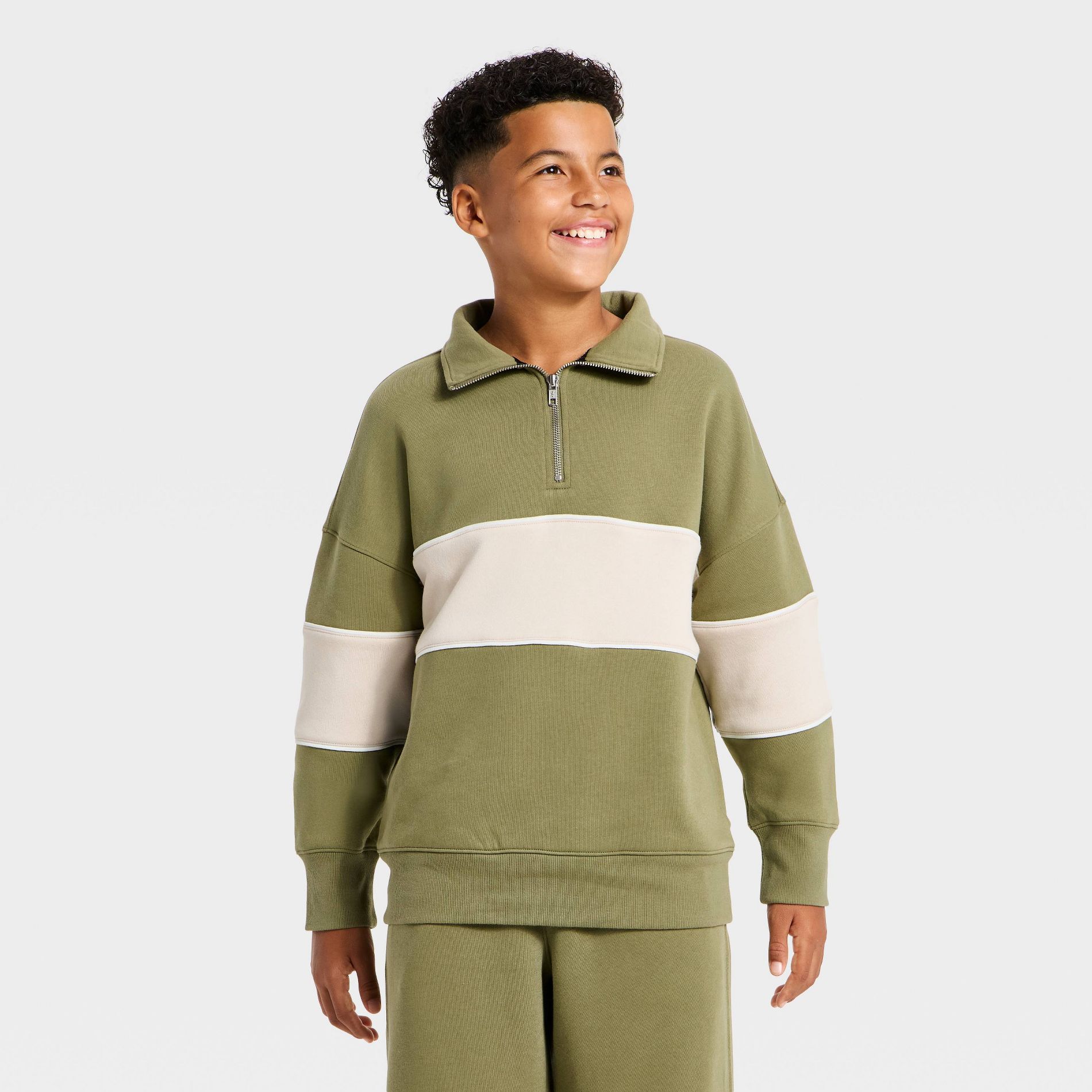 Boys' Fleece Rugby Striped Quarter Zip Sweatshirt - art class™ Sage Green M
