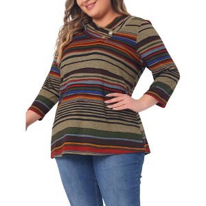 Agnes Orinda Women's Plus Size Comfy Knit 3/4 Sleeve V Neck Stripe Boho Casual Blouse - 1 of 4