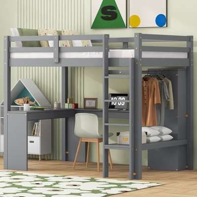 CAVINAS Twin Size Loft Bed Wooden Bed Frame with L-Shaped Desk, Shelves, Wardrobe and Ladder for Bedroom