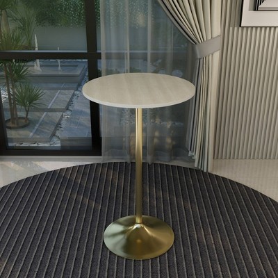 Light Natural Wood Round Bar Height Table with Gold Pedestal Base