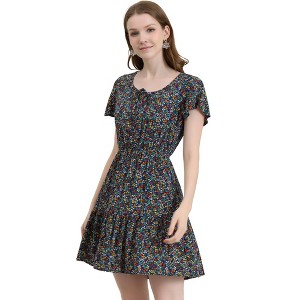 Allegra K Women's Flutter Sleeve Elastic Waist Swing Ruffle Hem Floral Dress - 1 of 4