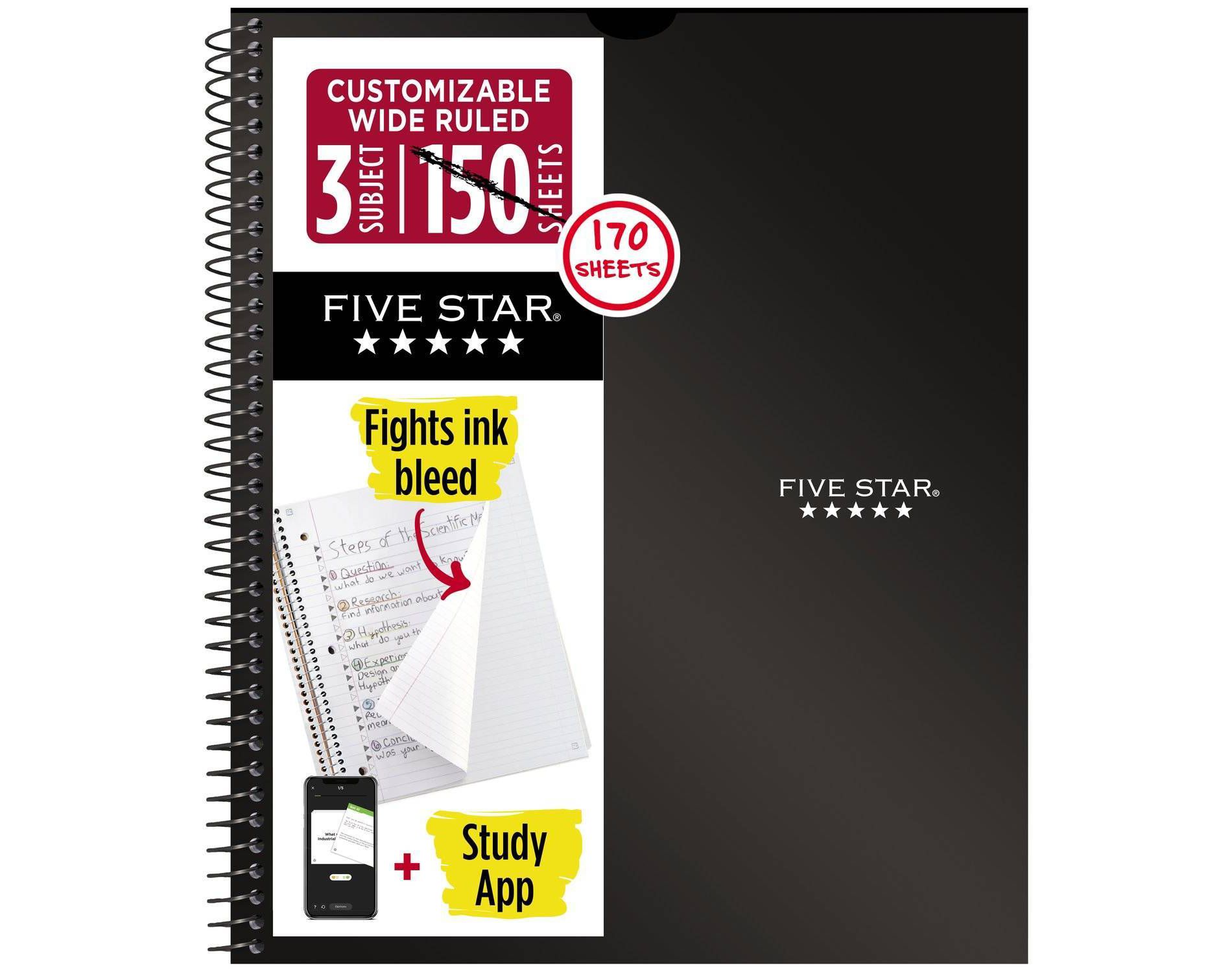 Five Star 170 Sheets 3 Subject Wide Ruled Customizable Notebook Feature Rich Black: Spiral, 8x10.5", Perforated, SFI Certified