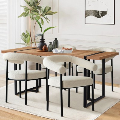 Modern Dining Set for 4 ,Rectangular 59" Dining Table Wood Grain with Upholstered Beige Boucle Dining Chairs for Dining Room, Living Room-Tanpinhause