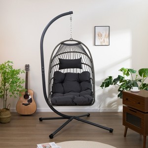 LOVSON Outdoor Egg Hanging Chair with Stand, Patio Wicker Swing Egg Chair Indoor Swinging Chair Outdoor Hammock Egg Chair,Black+ Gray - 1 of 4