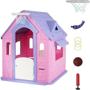 Kids Cottage Playhouse with Door, Mail Slot & Games– Indoor/Outdoor Pretend Playhouse for Toddlers and Young Children，purpole - 1 of 4