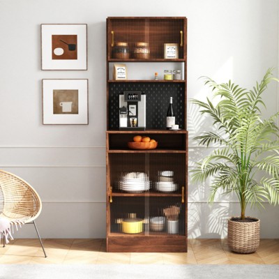 SKRAN Kitchen Pantry Sideboard with 2 Sliding Striped Glass Doors, Freestanding Countertop Storage Cabinet for Bottles, Wine, Coffee Machine, Walnut