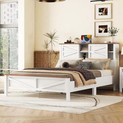Streamdale Rustic Queen Size Farmhouse Platform Bed with Sliding Barn Doors