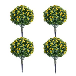 23.6" Artificial Rose Topiary Ball Trees with Ground Spike, UV Resistant Greenery Shrubs with Flowers, Fake Plants with Metal Stakes - 1 of 4