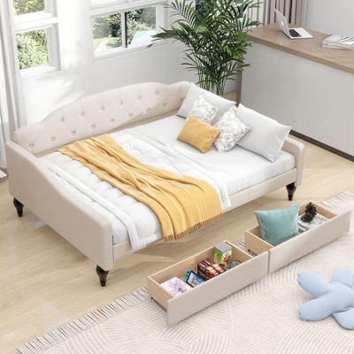 NicBex Full Size Daybed with Storage Linen Fabric Day Bed with Waved Arms and 2 Spacious Drawers for Living Room and Bedroom, Beige