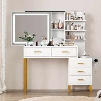 Makeup Vanity Desk with Sliding Mirror and Lights, Large Dressing Table with Charging Station