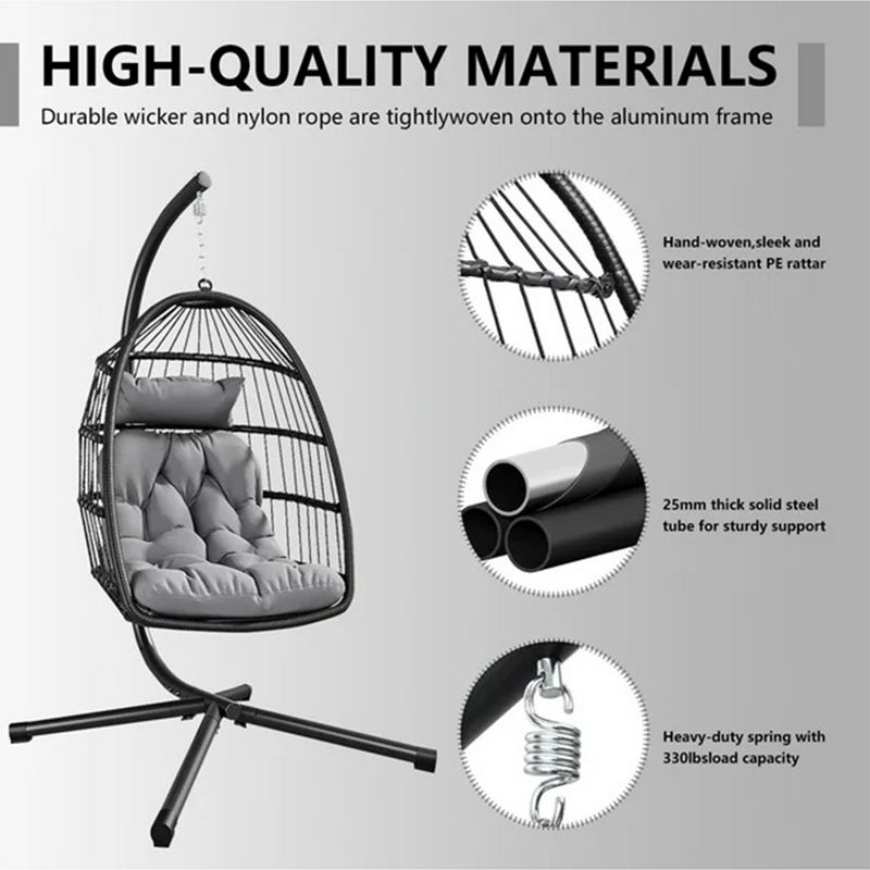 SKONYON Patio Hanging Egg Chair with Stand Swing Foldable Basket Chair with UV-Resistant Cushion for Outdoor Black, 5 of 8