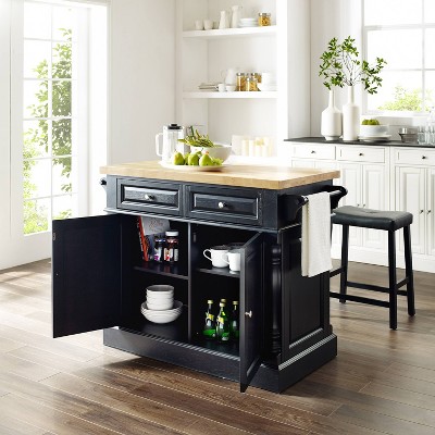 Oxford 30" Black Wood Kitchen Island with Saddle Stools